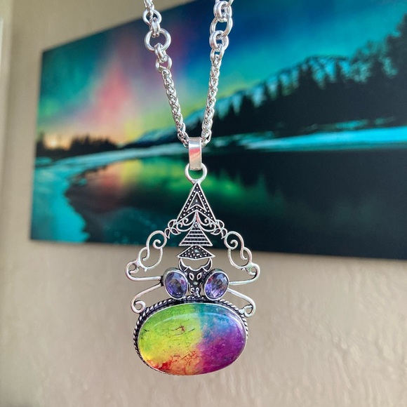 925 sterling silver overlay amethyst & Rainbow solar quartz stone charm necklace - Picture 8 of 11